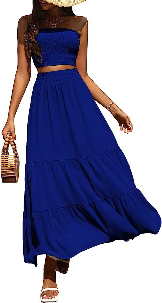 Verdusa Women's 2 Piece Outfit Crop Tube Top and Ruffle Hem Flowy Maxi Skirt Sets | Amazon (US)