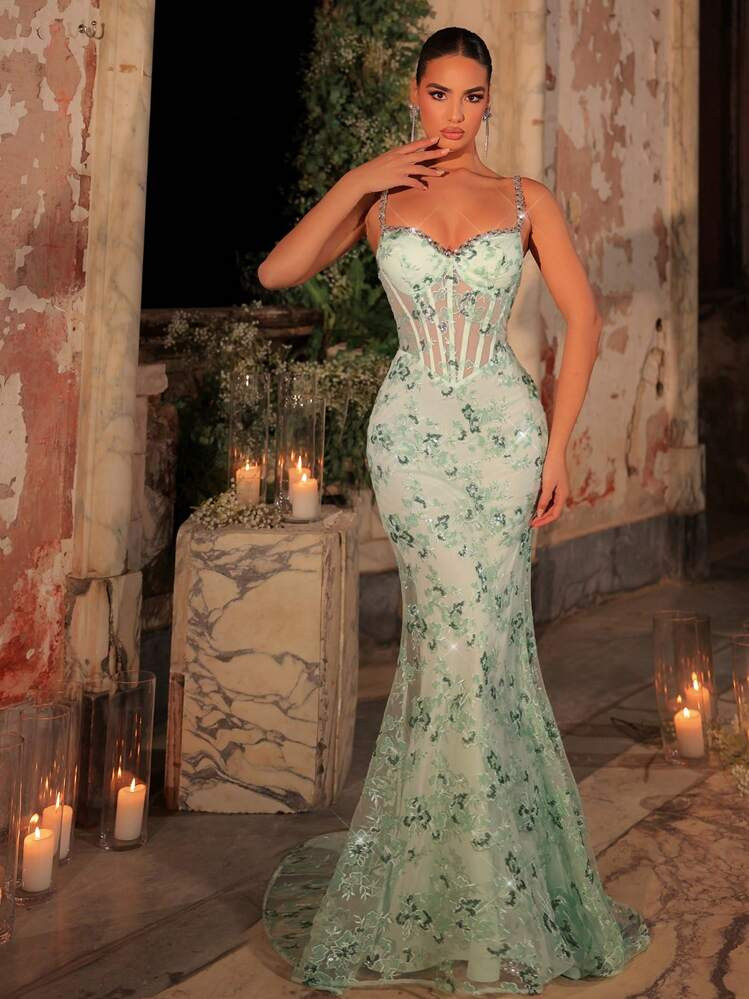 Glamrae Elegant Mint Green Gorgeous Embroidered Sequins Luxury Rhinestone Chain Decoration Waist Mesh See-Through Fishbone Patch Slim Fit Fishtail Back Adjustable Strap Dress, Suitable For Date Seaside Vacation Single Birthday Party Graduation Homecoming Season Wedding Event Dinner Ball Dress, Wedding Guest Dress, Formal Dress, Evening Dress, Gown | SHEIN