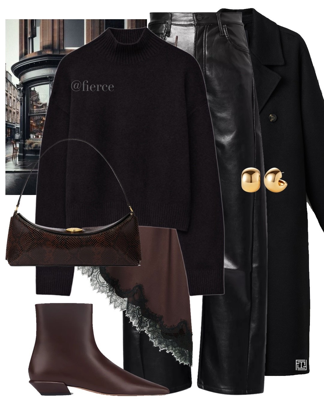 Brown lace trim top black leather trousers brown ankle boots brown snake print bag chic outfit city break black wool coat 

#LTKwinter #LTKuk #LTKeurope