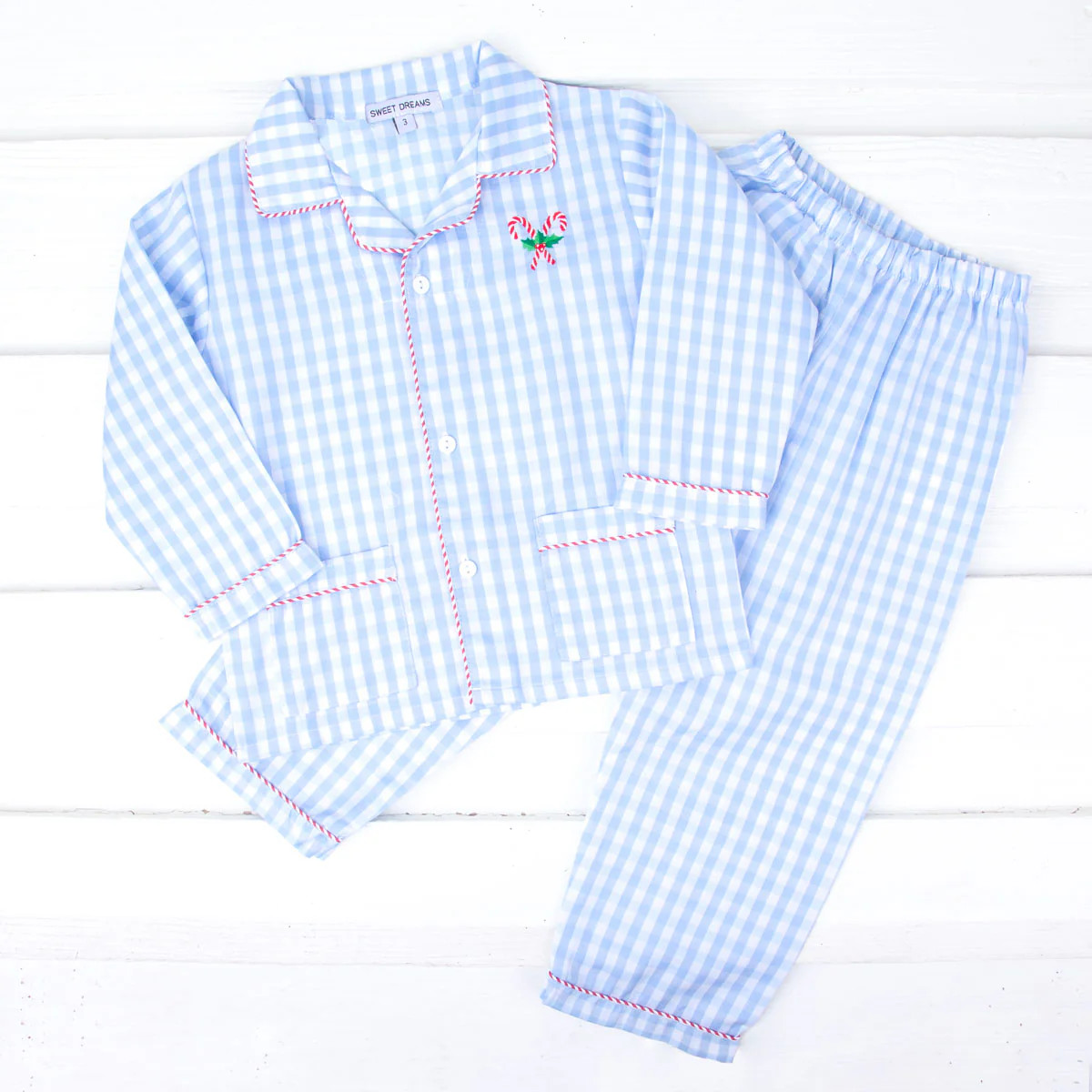 Candy Cane Embroidered Blue Gingham Classic Pajamas | Classic Whimsy