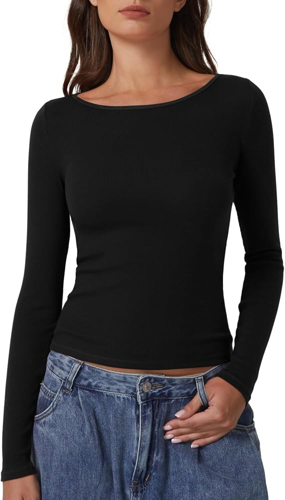 QINSEN Women's Long Sleeve T Shirts Crewneck Tight Fitted Rib Knit Y2k Casual Tee Tops | Amazon (US)