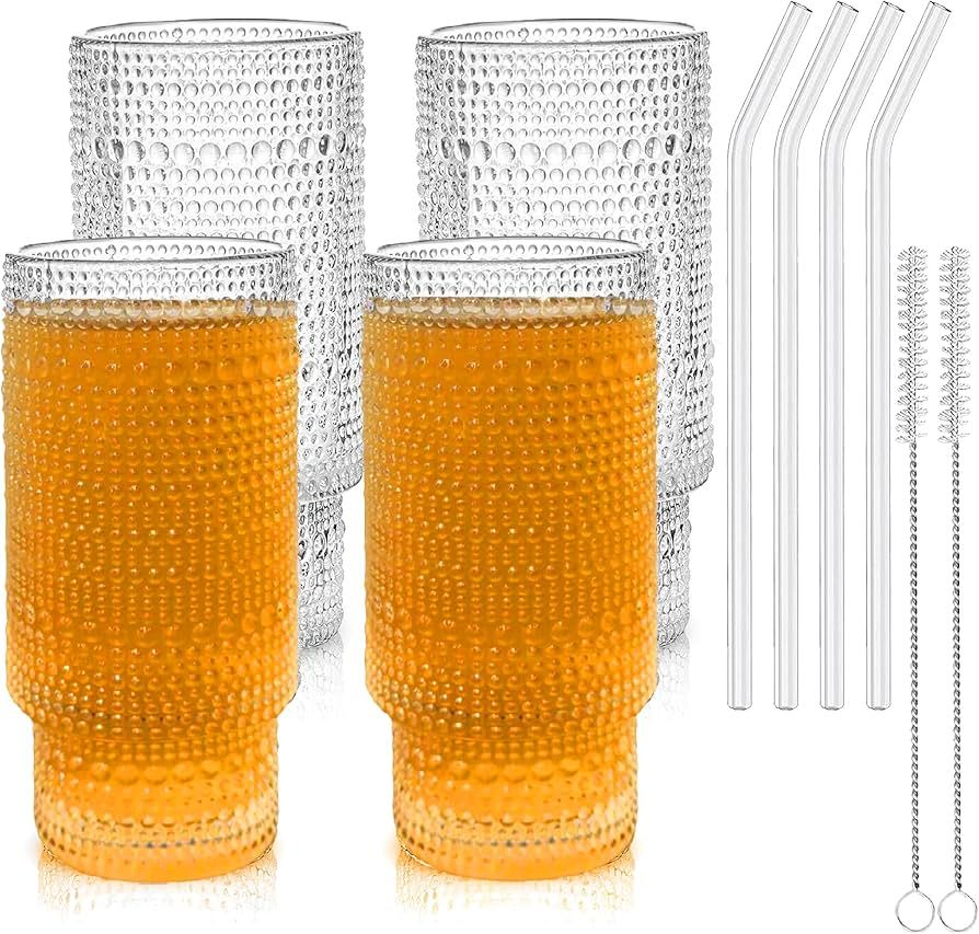 Drinking Glasses Set of 4 12oz Vintage Glassware Highball Cups Romantic Hobnail Beaded Tall Old F... | Amazon (US)