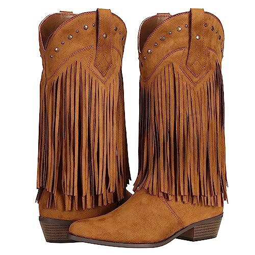 SheSole Women's Cowboy Boots Fringe Western Boots Faux Suede Brown US 9.5 | Amazon (US)