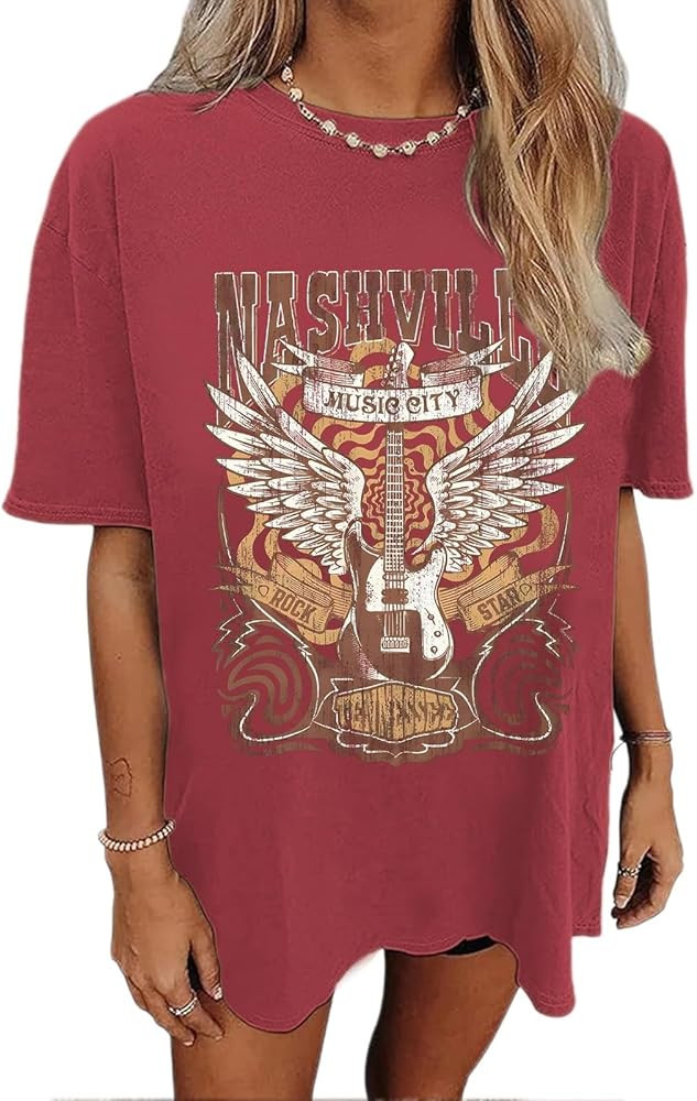 Oversized Rock Band T-Shirt Women Country Music Shirt Tops Nashville Music City Tshirt Vintage Gu... | Amazon (US)