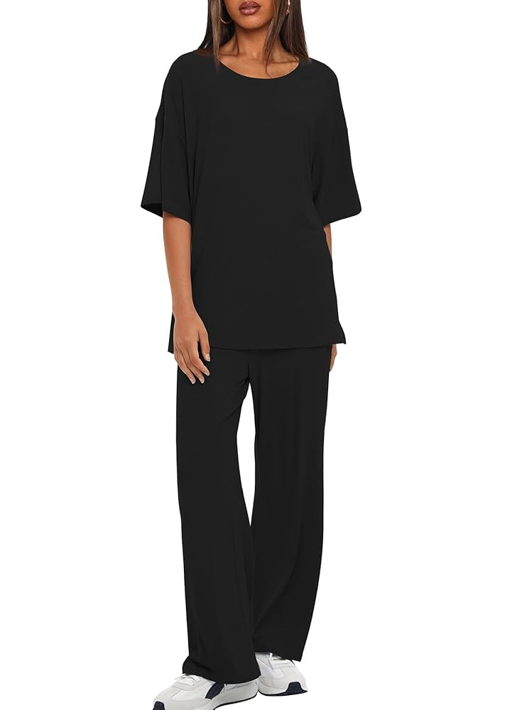 Darong Women's Two Piece Outfits Sets Loose Short Sleeve Side Slit Top Wide Leg Pants Lounge Sets... | Amazon (US)