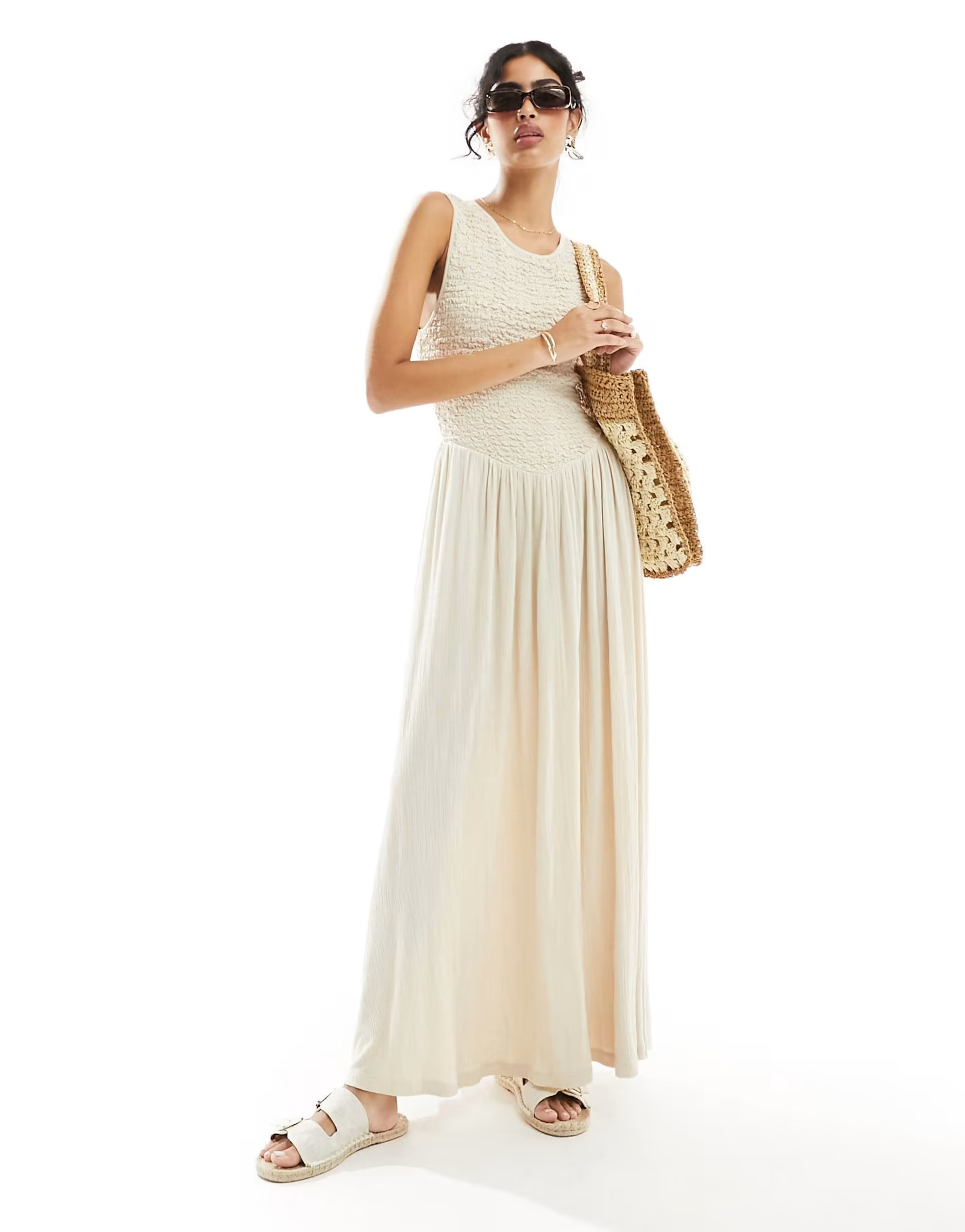 ASOS DESIGN crinkle shirred bodice maxi dress with open back in stone | ASOS | ASOS (Global)