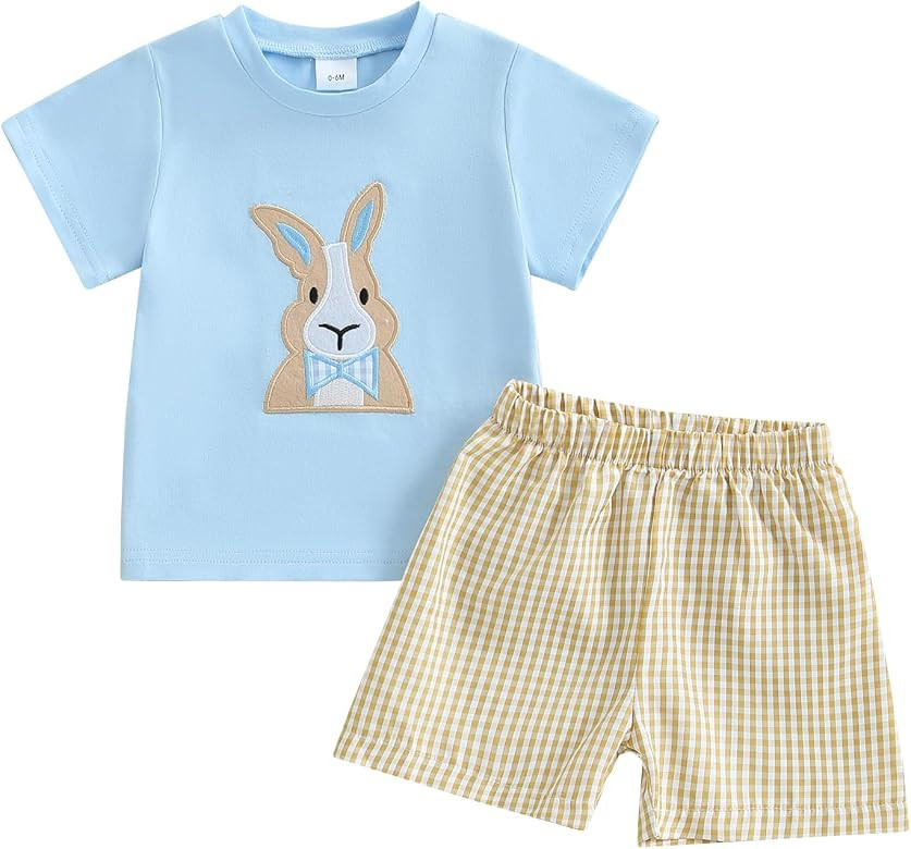 Toddler Baby Boy Easter Rabbit Outfit Short Sleeve Bunny Carrot Smocked T-shirt Elastic Waist Sho... | Amazon (US)