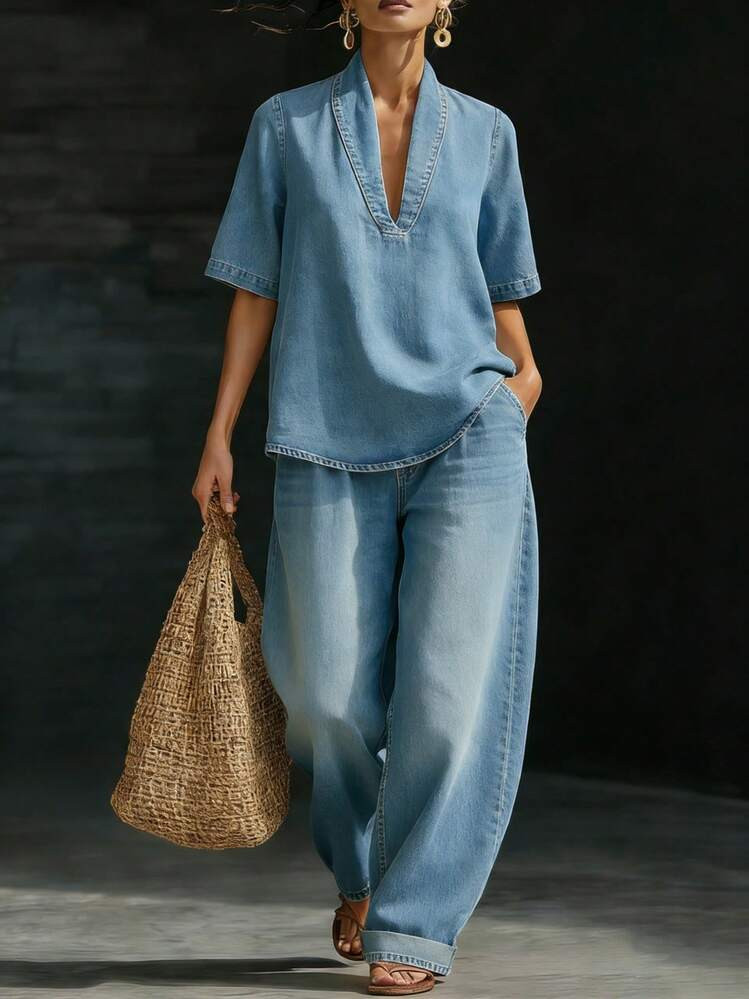Casual Retro Denim V Neck Short Sleeve Top And Long Pants Two Piece Set Women Vintage Streetwear Matching Outfit | SHEIN