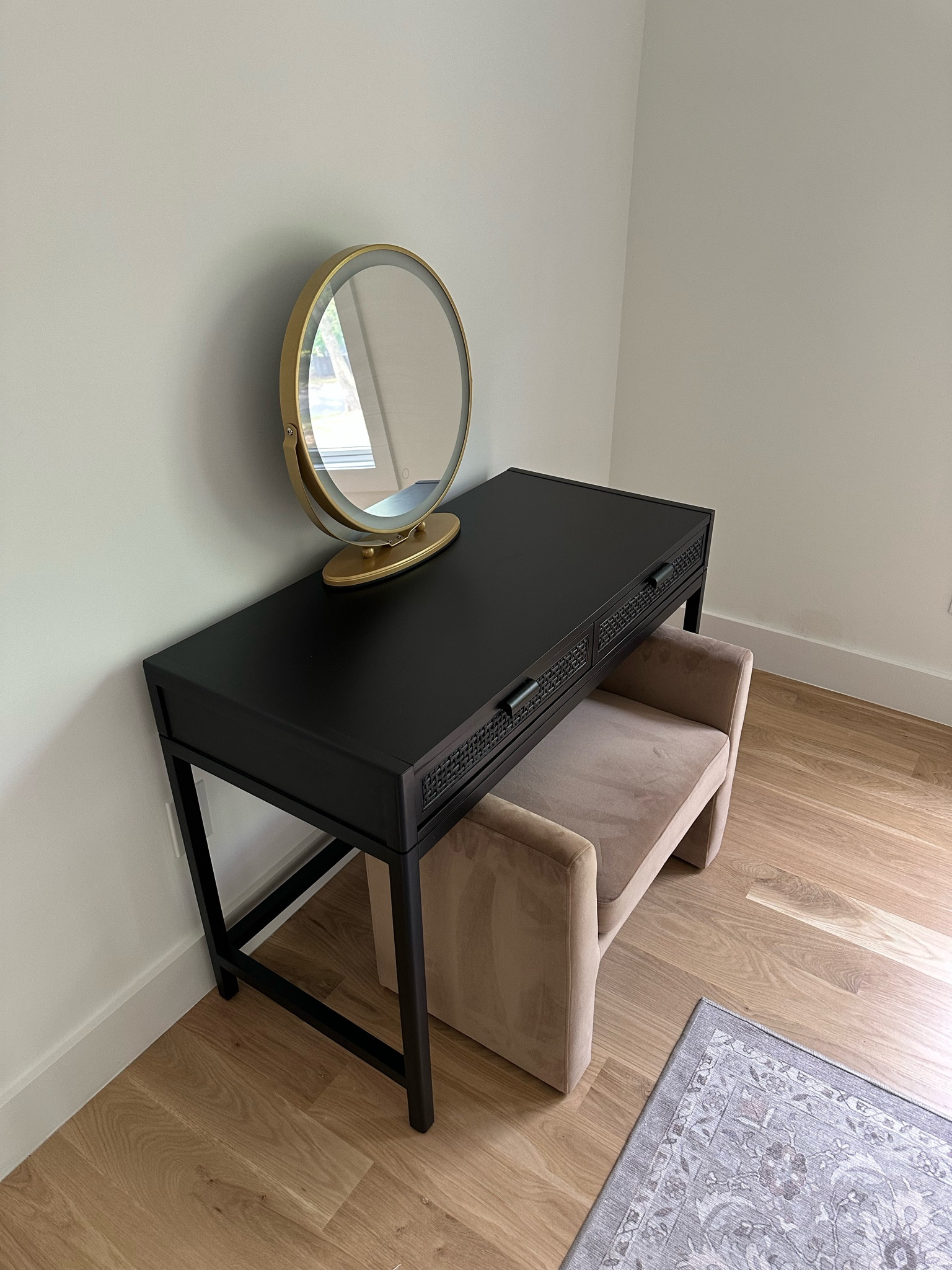 new makeup vanity set up! 🪞✨ linking all the ottoman, desk, and led mirror here! 

// amazon home finds, target home decor, amazon home decor, target style, black desk, gold mirror, velvet ottoman, studio McGee  

#LTKhome #LTKfindsunder100 #LTKsalealert