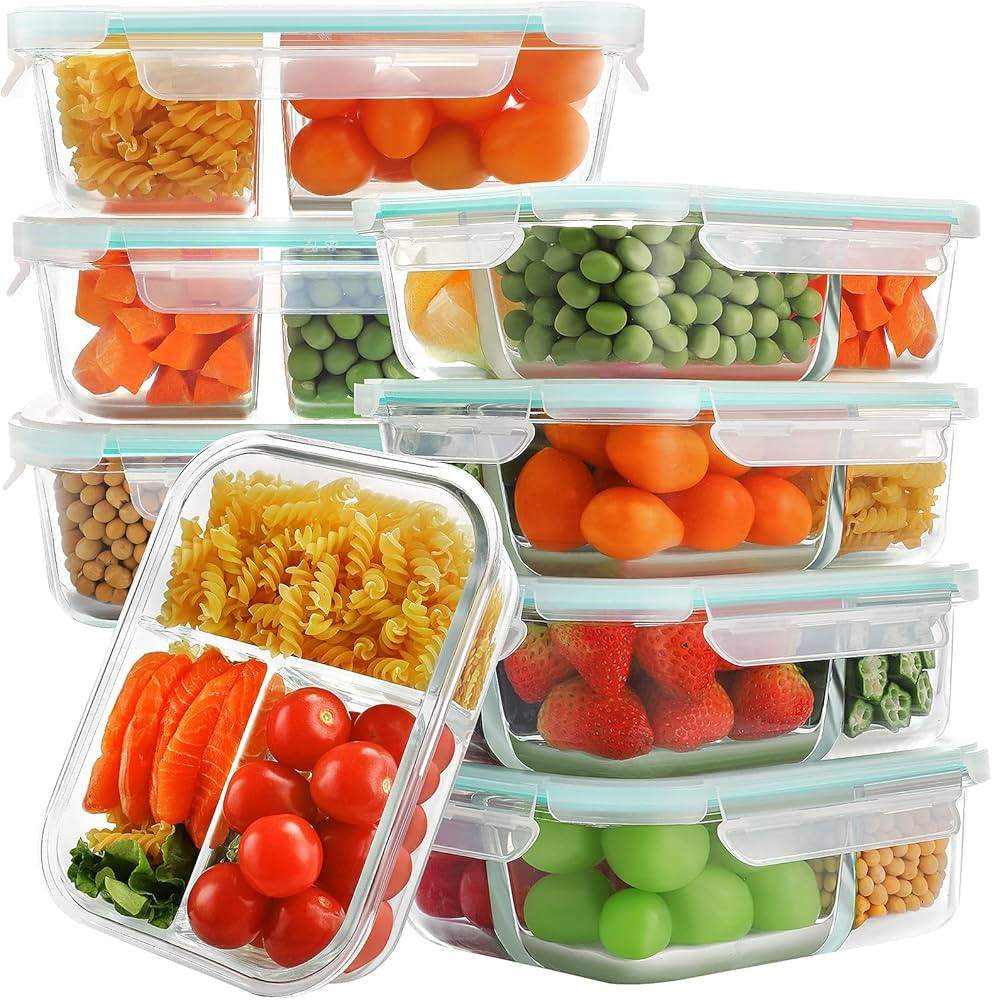 BAYCO 8 Pack Glass Meal Prep Containers 3 Compartment, Glass Food Storage Containers with Lids, A... | Amazon (US)