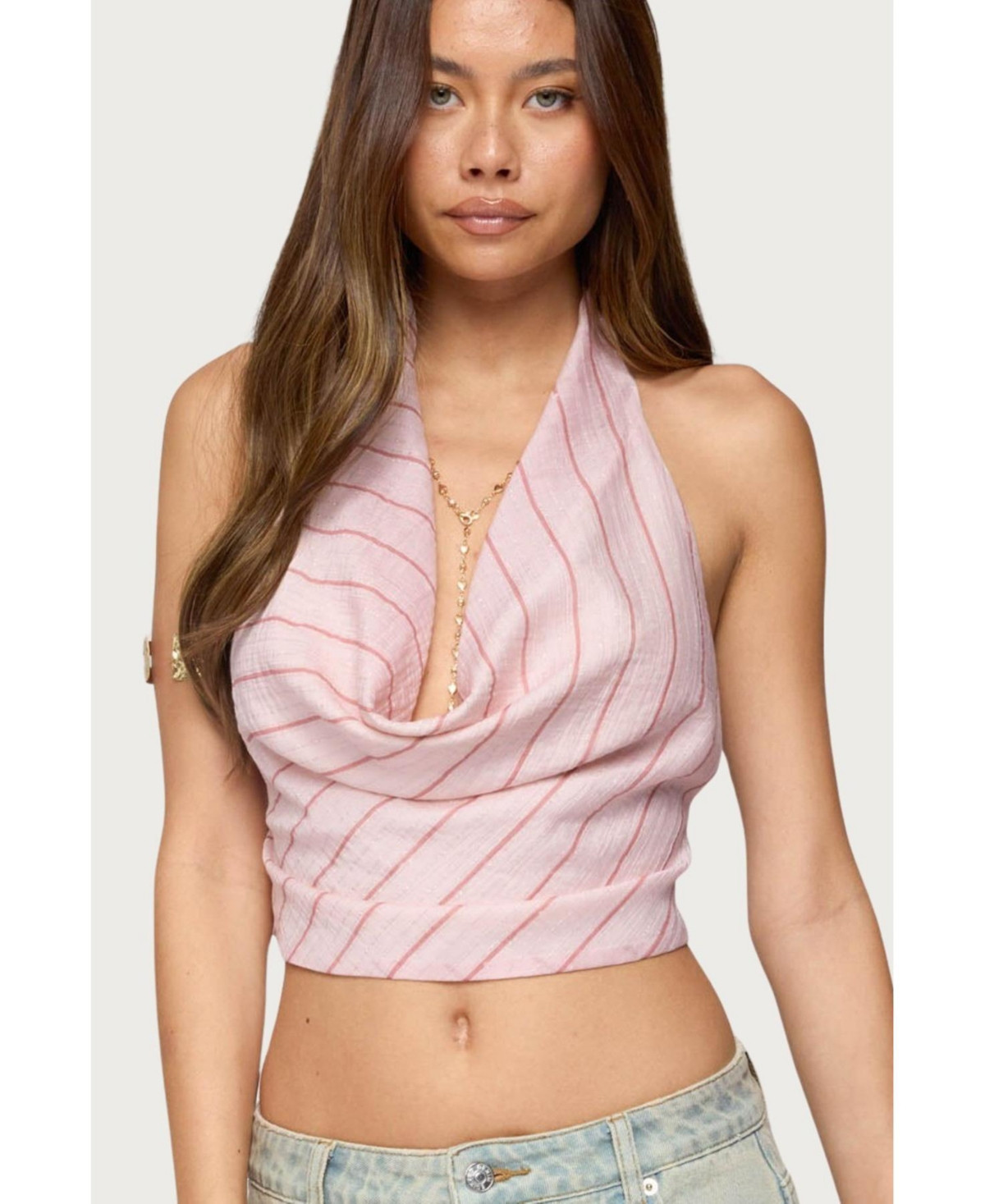 Edikted Women's Stripey Metallic Cowl Neck Halter Top - Pink | Macy's
