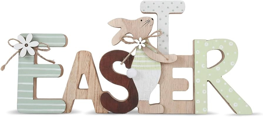 Easter Wooden Sign Party Decorations for Home, Farmhouse Easter Table Decor Bunny with Pompom Bal... | Amazon (US)