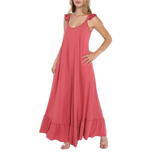 Doublju Women's Scoop Neck Ruffle Trim Maxi Long Dress (Plus Size Available) | Walmart (US)