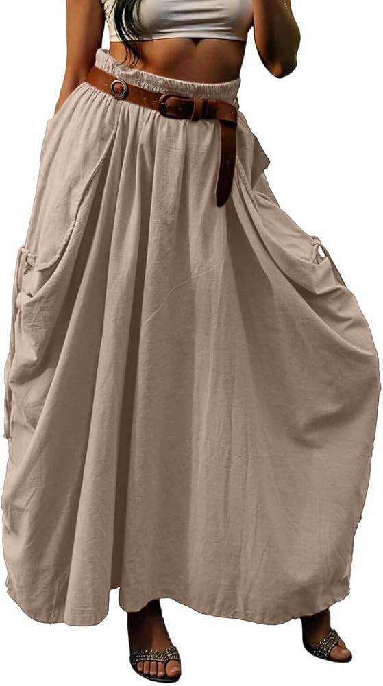 Women's Linen Lantern Maxi Skirt High Waist Summer Casual Loose Fit Boho Long Skirts with Pockets | Amazon (US)