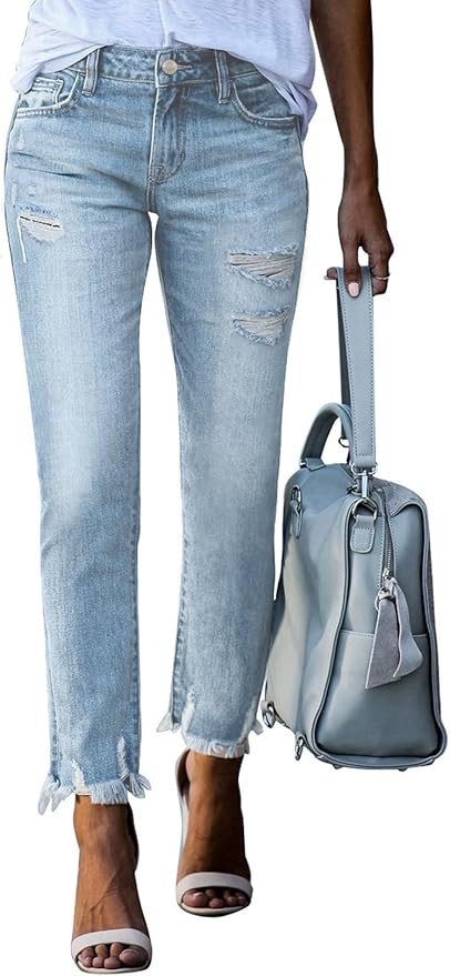 EVALESS Womens Jeans High Waisted Stretchy Ripped Distressed Tummy Control Straight Ankle Jean fo... | Amazon (US)