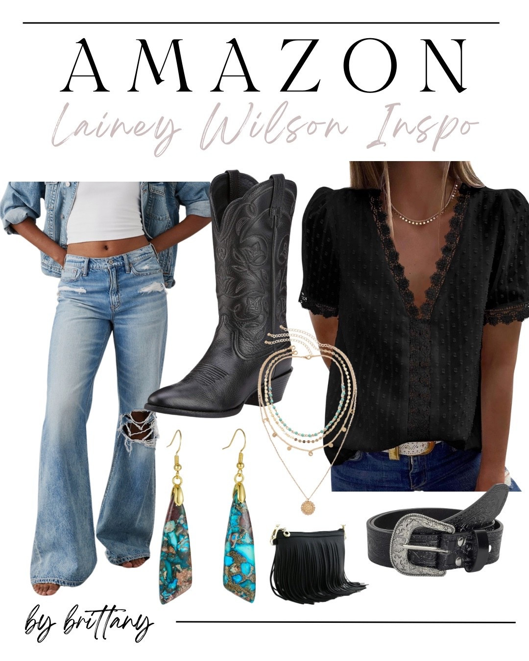 Amazon western vibes, but make it everyday 🤍
This is my go-to formula for effortless style: lived-in denim, a feminine black lace top, statement boots, and layered jewelry that elevates the whole look. Every piece is comfortable, flattering, and easy to mix with what you already own — perfect for casual days, errands, or dinner plans.
✨ All linked and affordable — tap to shop the full outfit!

#LTKGiftGuide #LTKgrwm #LTKootd