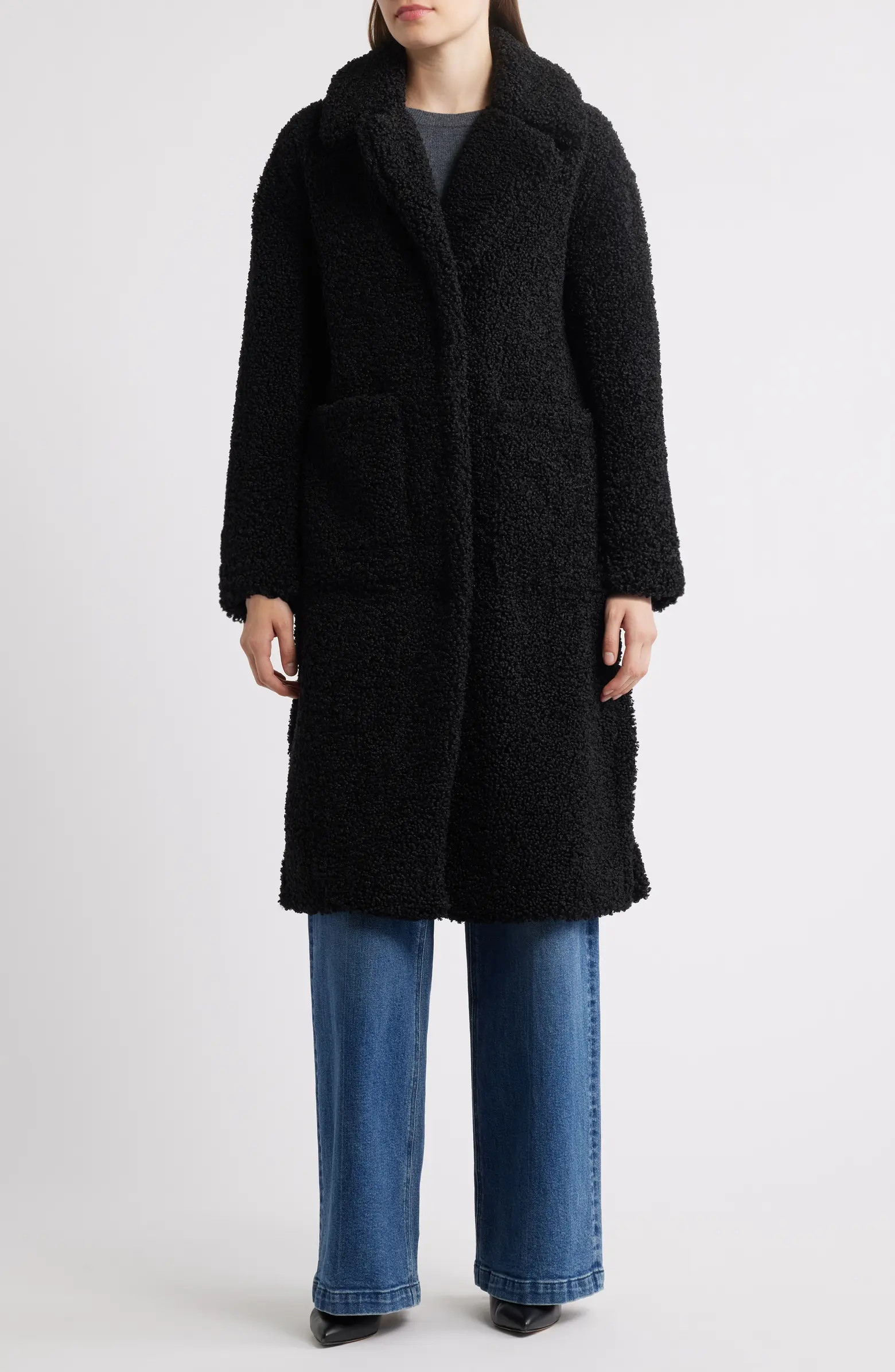 BCBG Notch Collar Faux Shearling Long Coat | Nordstrom | Nordstrom