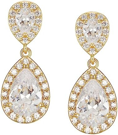 SWEETV Cubic Zirconia Teardrop Bridal Earrings, Rhinestone Dangle Earrings for Wedding Prom Anniv... | Amazon (US)