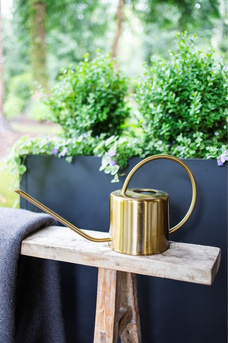 Amazon finds. 
Gold watering can 
Wood noodle bench 


#LTKSeasonal #LTKHome