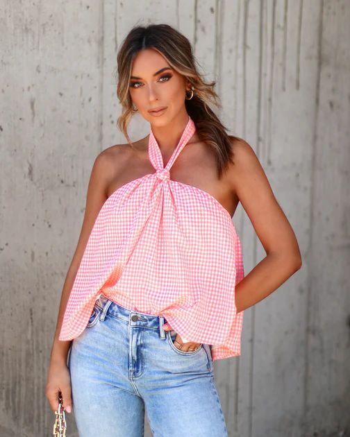 Perfect Pick Gingham Halter Top - Orange | VICI Collection