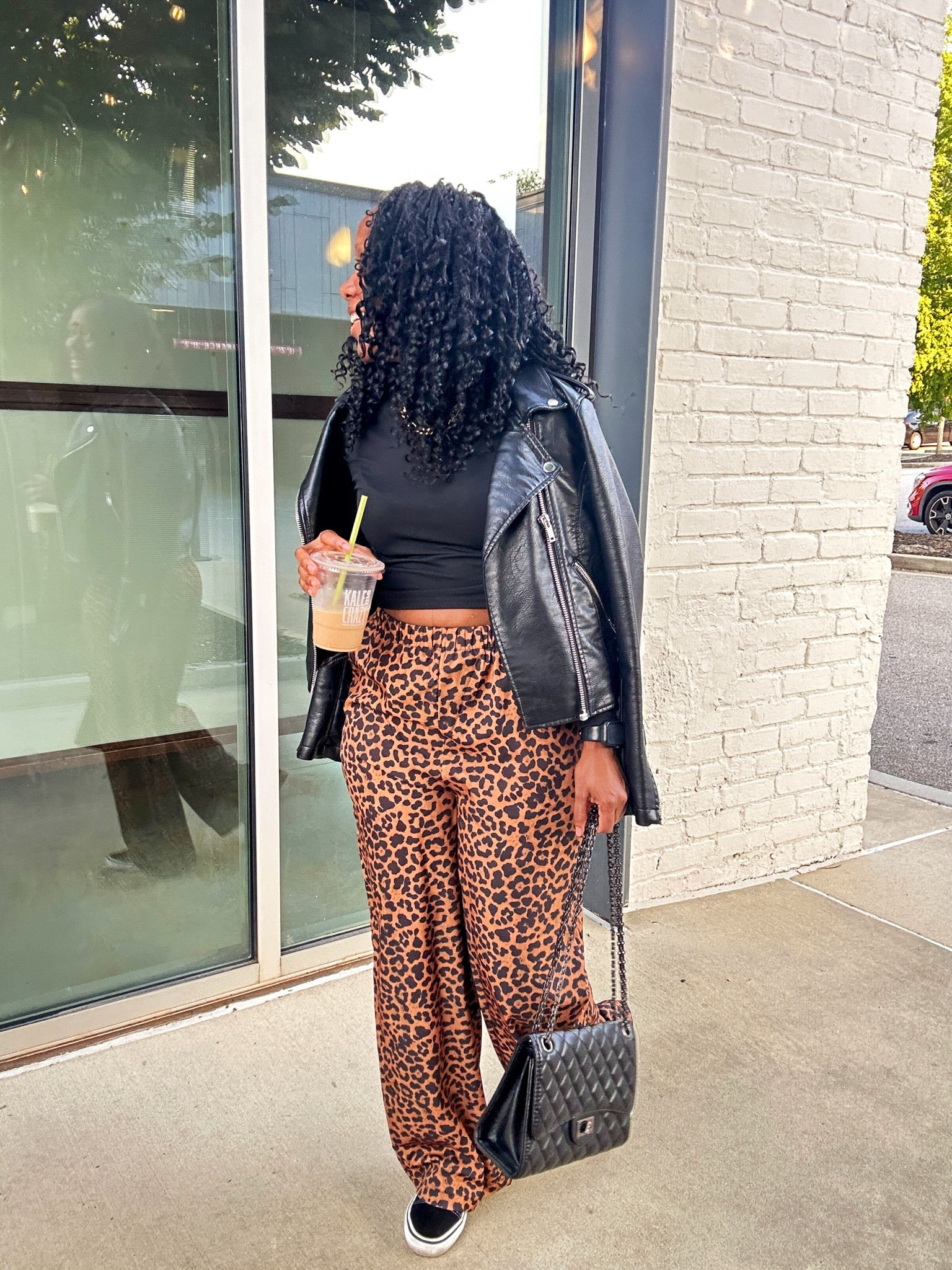 Leopard print pants fall outfit!

I’m wearing a black faux leather jacket, black long sleeve shirt, and leopard print wide leg pants.

I styled this outfit with a black purse and black and white vans sneakers

#LTKFindsUnder100 #LTKFindsUnder50 #LTKStyleTip