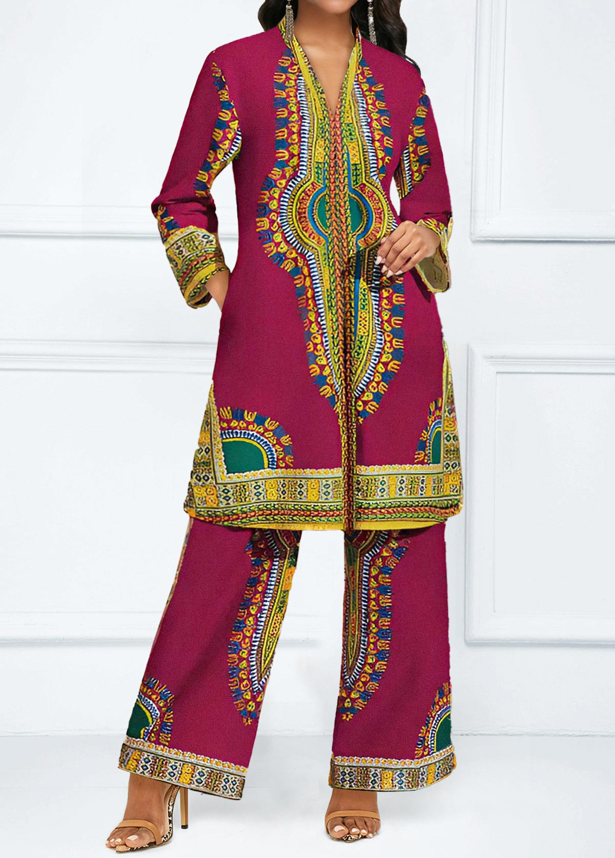 African Tribal Print Zipper Hot Pink Top and Pants | rosewe.com
