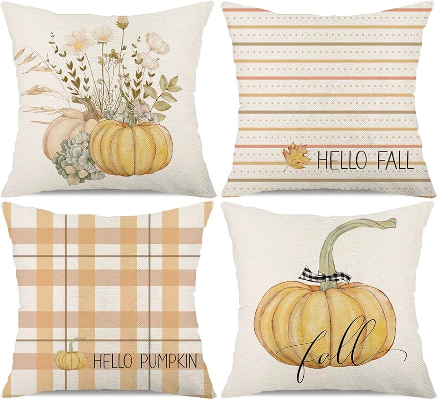 Fall Decor Pillow Covers 18x18 Set of 4 Buffalo Plaid Hello Pumpkin Flower Pillows Decorative Tha... | Amazon (US)