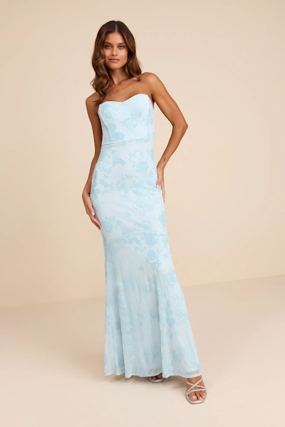 Mayley Light Blue Sequin Strapless Maxi Dress | Lulus