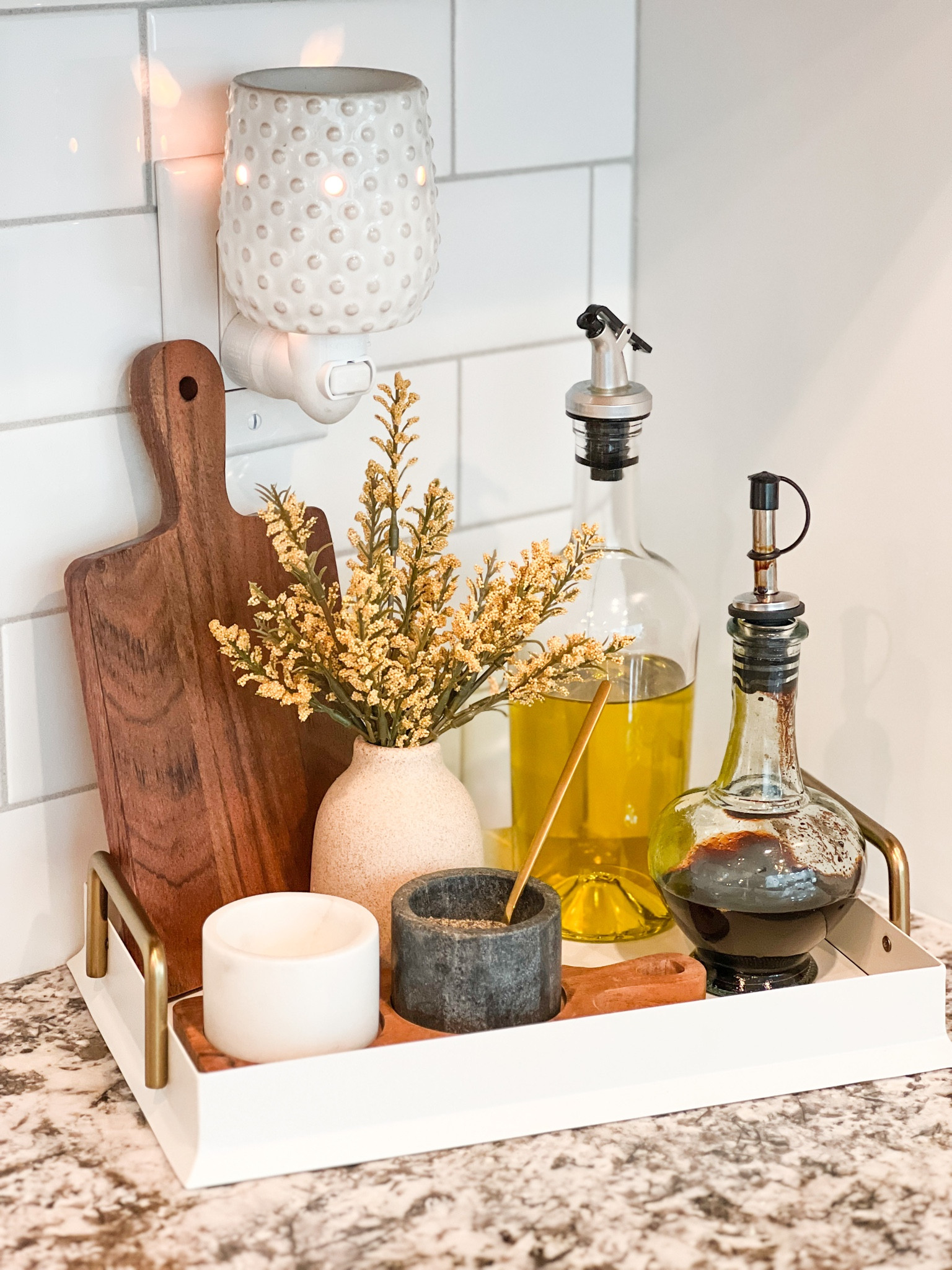 Spring kitchen tray styling, Salt & Pepper marble pinch pot set, Hearth & Hand, Target kitchen, cream & brass rectangle tray, small wooden cheese board. 

#LTKhome #LTKSeasonal #LTKunder50
