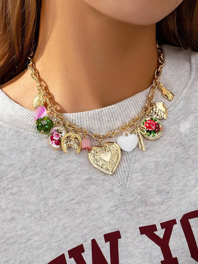 1 Pc Flower Print Heart Locket Charm Necklace, Women Spring Summer Statement Jewelry | SHEIN