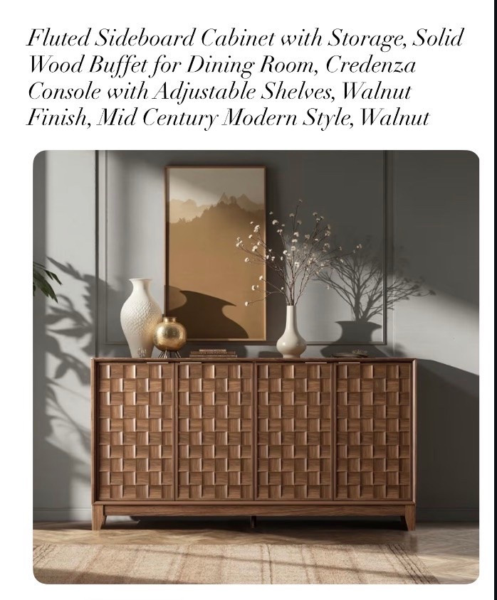 Fluted Sideboard Cabinet with Storage, Solid Wood Buffet for Dining Room, Credenza Console with Adjustable Shelves, Walnut Finish, Mid Century Modern Style, Walnut

#LTKHome