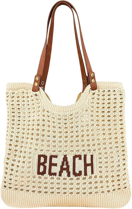 Amazon.com: Women's Woven Beach Tote Purse - Cream/Light Brown Crochet Bag with Faux Leather Stra... | Amazon (US)