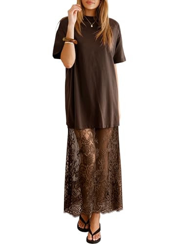 miduo Womens Summer Short Sleeve Crewneck Lace Patchwork Maxi Dresses | Amazon (US)