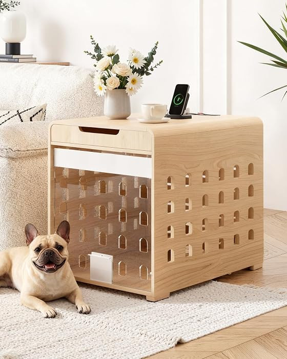 Modern Dog Crate Furniture with Charging Station Medium Kennel Indoor with Flip-up Hidden Acrylic... | Amazon (US)