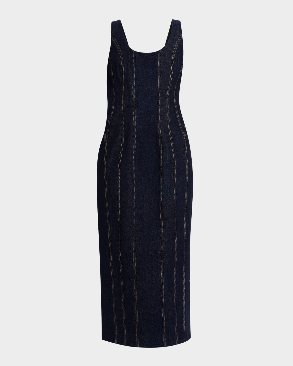 Hallie Sleeveless Topstitched Denim Midi Dress | Neiman Marcus