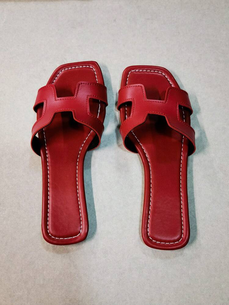 2025 Summer New H-Shape Fashion Flat Sandals, Simple Outdoor Beach Casual Slippers For Women, Solid Color Casual Elegant PU Leather Beach Holiday Office Home Outdoor Party Summer | SHEIN