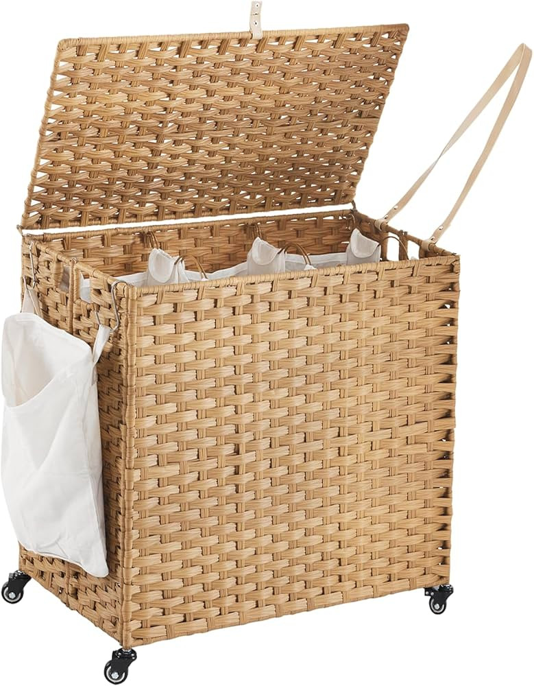 Rattan Laundry Hamper with Wheels - 39.6 Gallon Rolling Basket with Lid & 3 Removable Liners - Na... | Amazon (US)