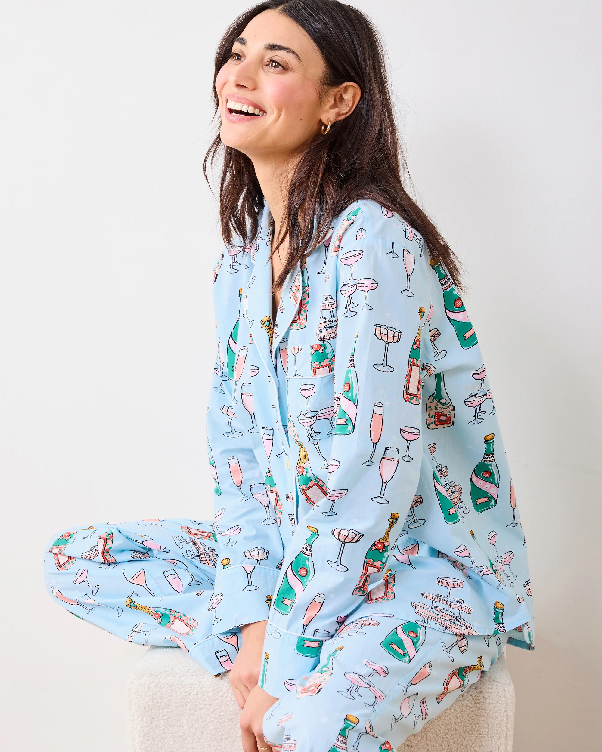 Champagne Tower - Women's Organic Cotton Long PJ Set - Soft Blue | Printfresh