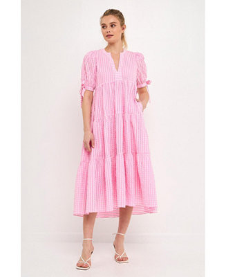 Women's Gingham Tiered Midi Dress with Bow Tie Sleeves | Macy's