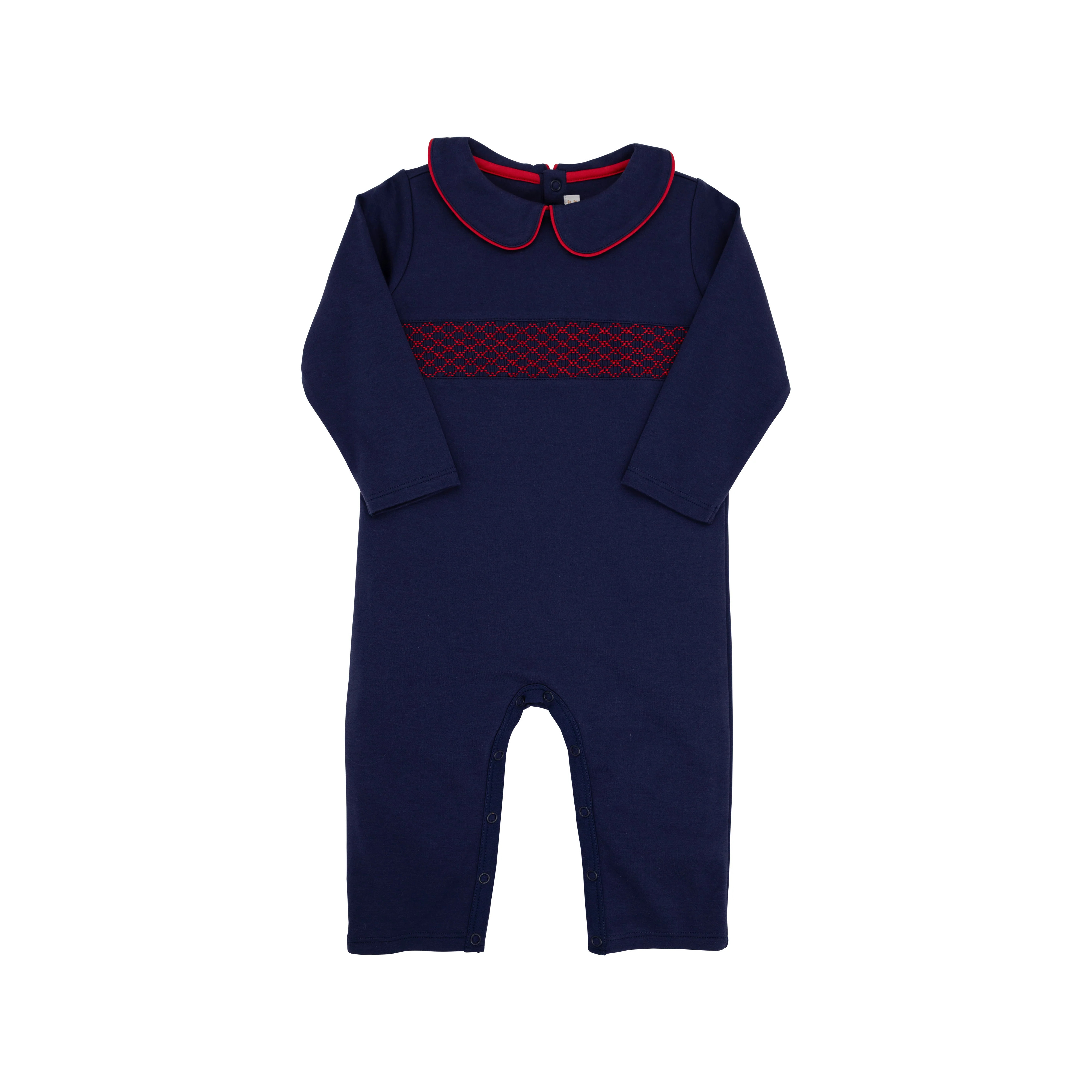 Samuel Smocked Romper - Nantucket Navy with Richmond Red Smocking | The Beaufort Bonnet Company