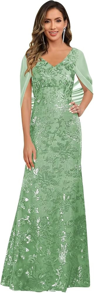 Sequin Mermaid Mother of The Bride Dresses for Women V Neck Long Evening Formal Gown with Cape Sleeves | Amazon (US)