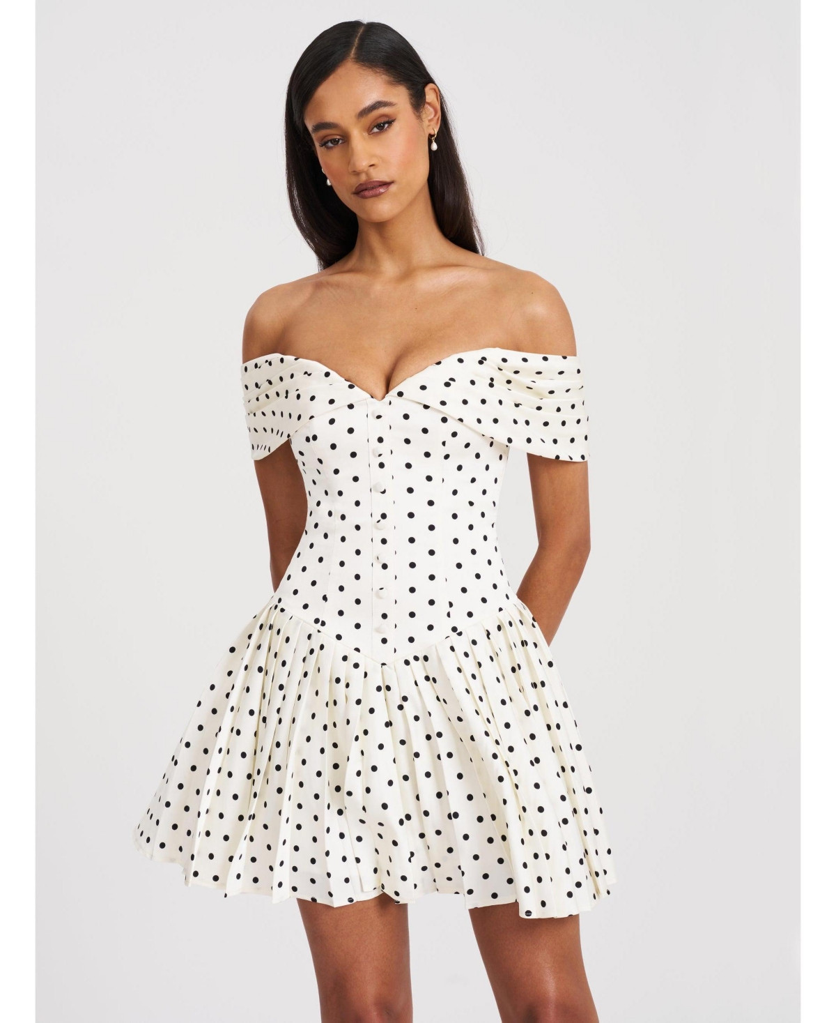 Miss Circle Women's Edeline Polka Dot Off-shoulder Pleated Mini Dress - White black polka dot | Macy's