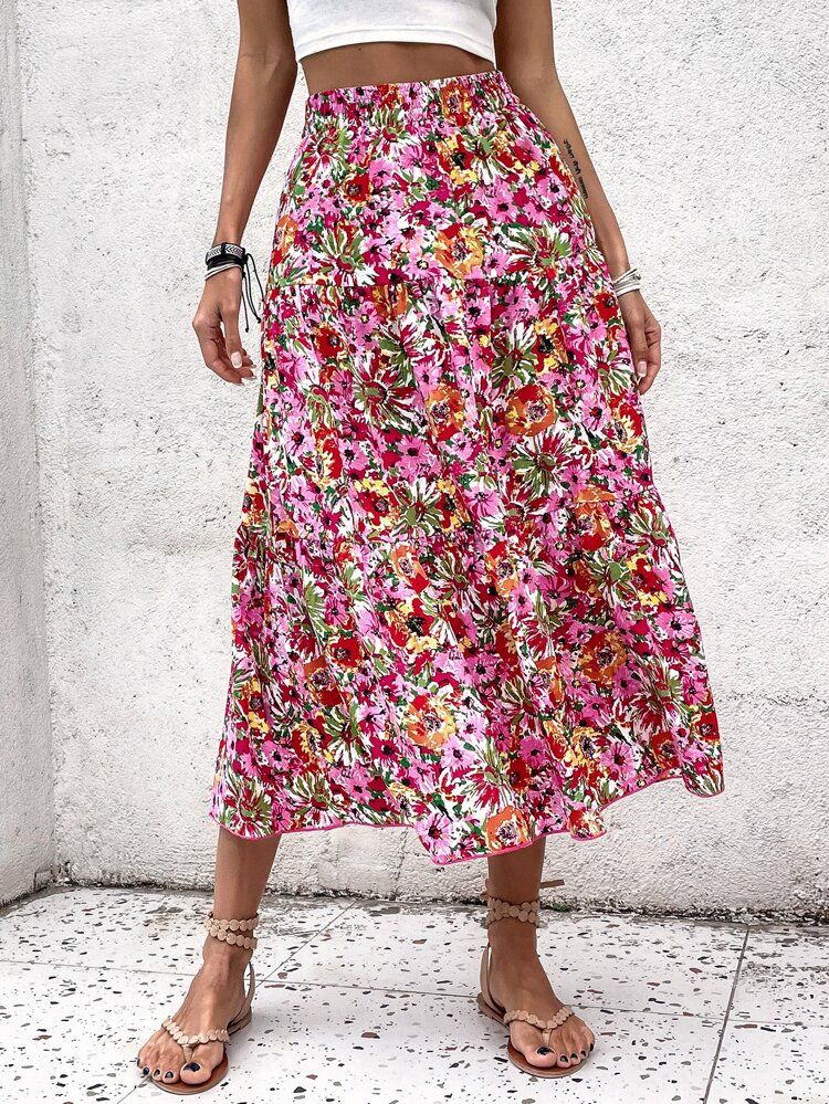 High Waist Floral Print Ruffle Hem Skirt | SHEIN