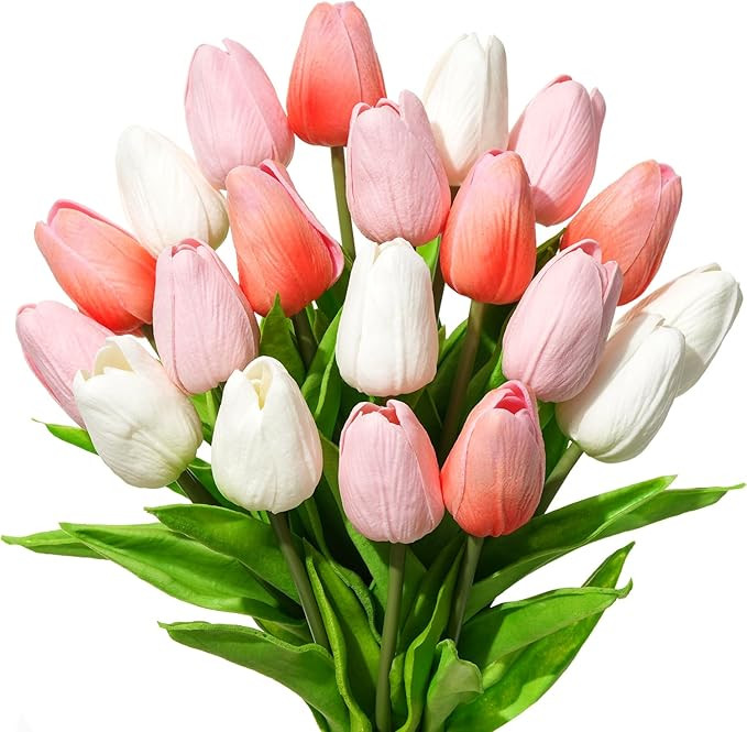Real Touch Artificial Tulips, 20pcs Fake Tulip Flowers Stem, PU Faux Tulips 13.5” for Mother's ... | Amazon (US)