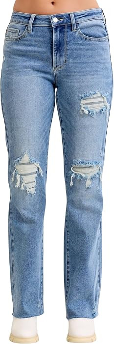 Judy Blue Mid Rise Light Wash Destroyed 90's Straight, Inseam 32" | Amazon (US)