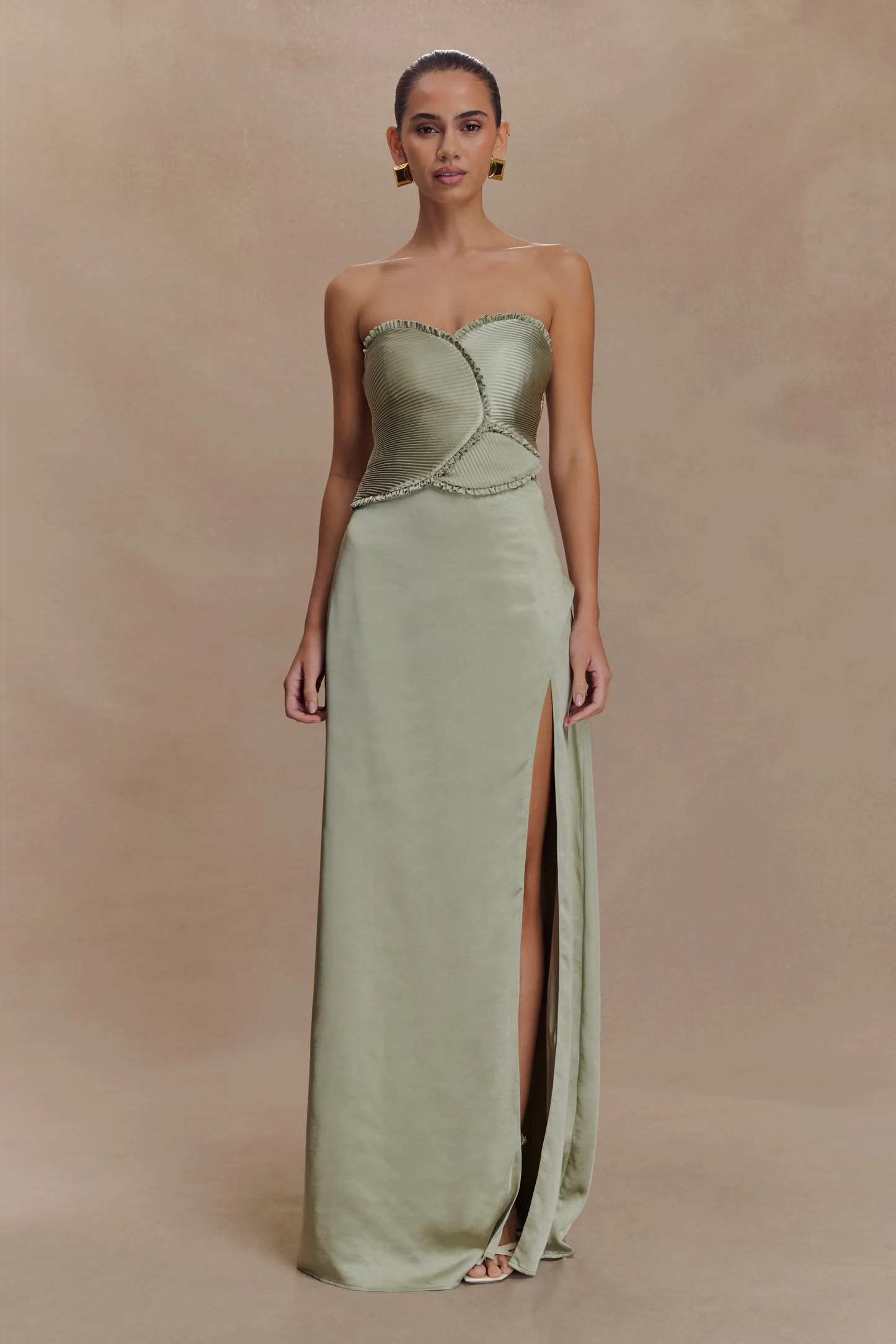Satin Maxi Dress With Ruched Petals - Sage | MESHKI US