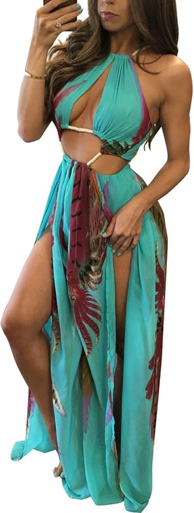 BIUBIU Women's Sexy Turquoise Blue Floral Dress Teal Blue Dress Long Blue Maxi Dress Wedding Guest | Amazon (US)