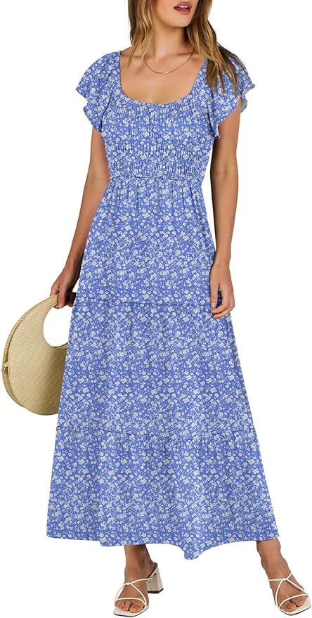ANRABESS Women’s 2024 Summer Casual Maxi Dress Flutter Sleeve Scoop Neck Smocked Tiered A Line ... | Amazon (US)