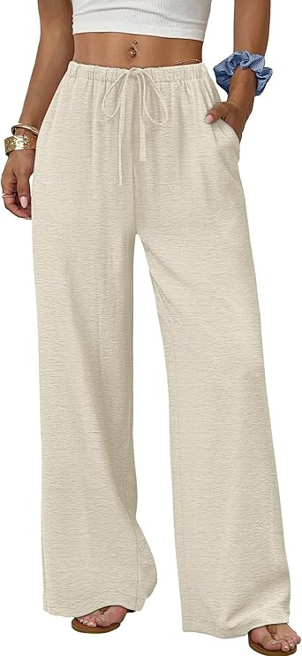 Sampeel Wide Leg Pants for Women Flowy Palazzo Drawstring Elastic Waist Trousers with Pockets Sum... | Amazon (US)