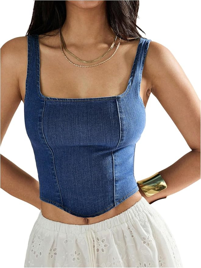 WDIRARA Women's Square Neck Sleeveless Corset Denim Top Zip Back Asymmetrical Hem Tank Top | Amazon (US)